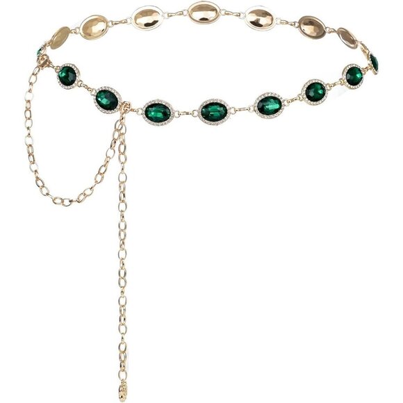 Green Glass Diamond Chain Belt Metal Women\'s Western Style Dress Accessory main image 4